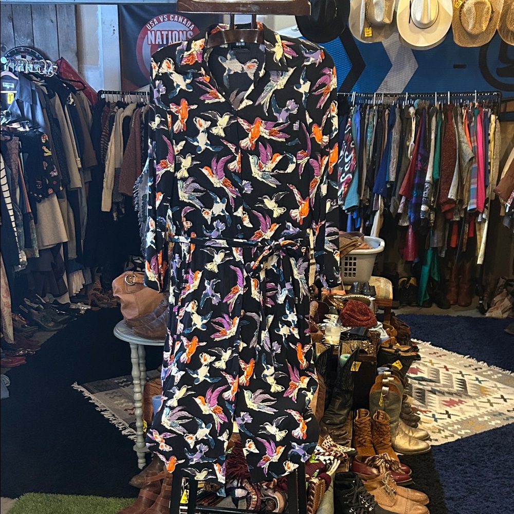 Maeve By Theopoligie Black Bird Print Long-Sleeve Wrap Dress